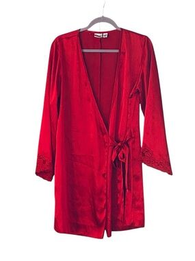 Frederick's of Hollywood Red Satin Tie-Waist Robe with Lace Cuffs